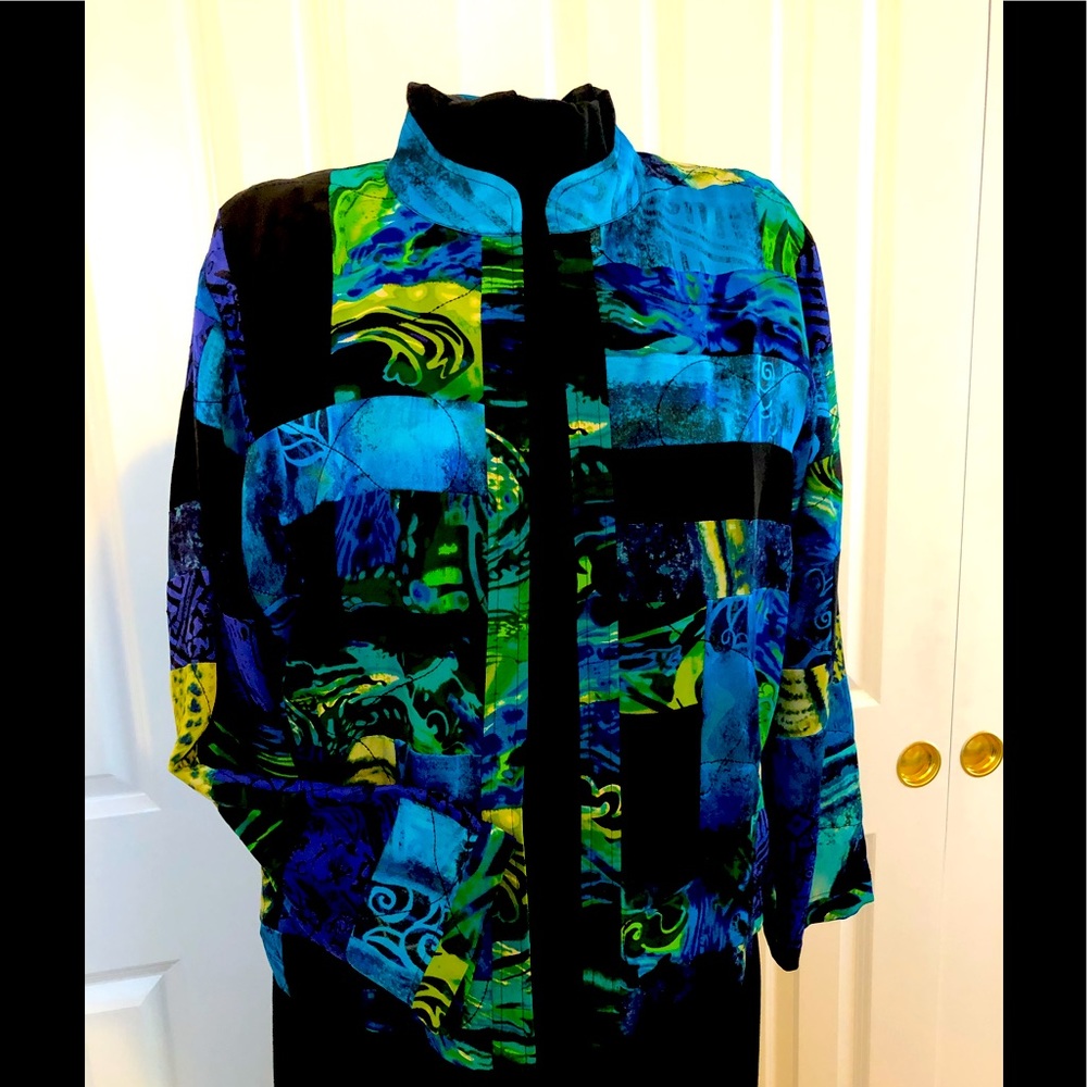 Chico’s Patchwork Silk Jacket Sz 1 - image 1